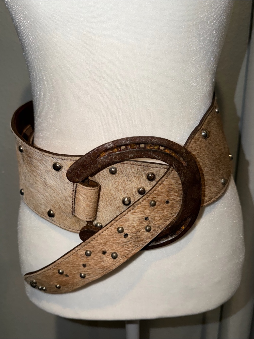 Rare Re-Ride Stories Handmade Western Leather Cowhide Belt Real Horseshoe Unique